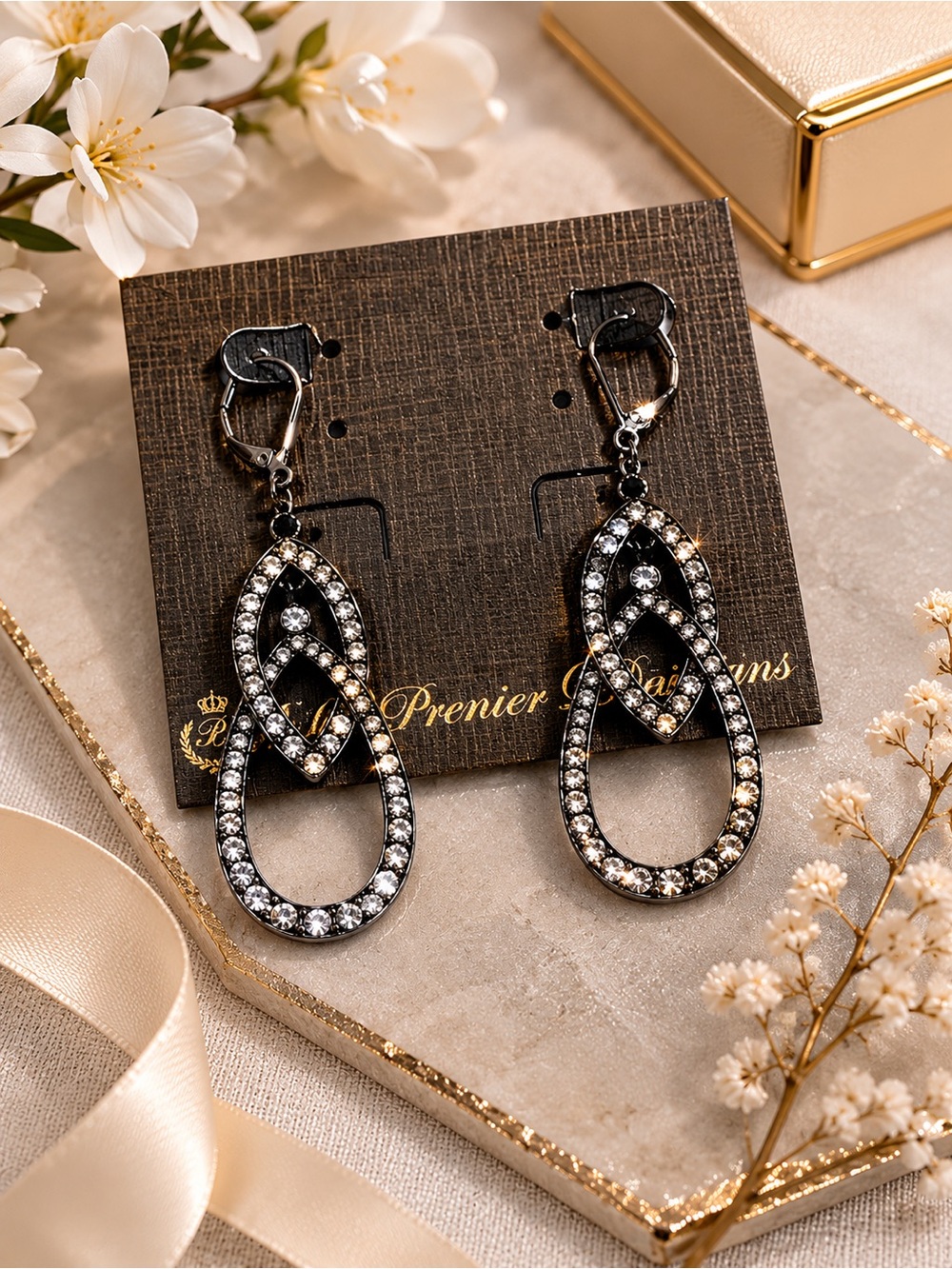 NWT Premier Designs Dynamite Hematite Crystal Drop Earrings Glam Formal